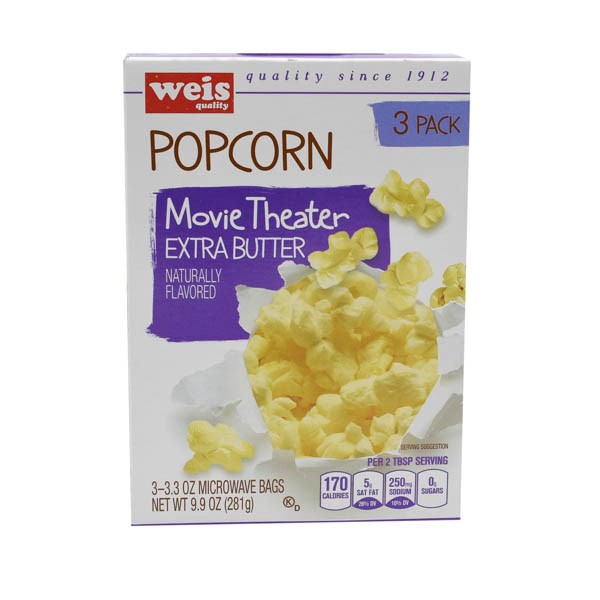 slide 1 of 6, Weis Quality Movie Theater Extra Butter Microwave Popcorn, 9.9 oz