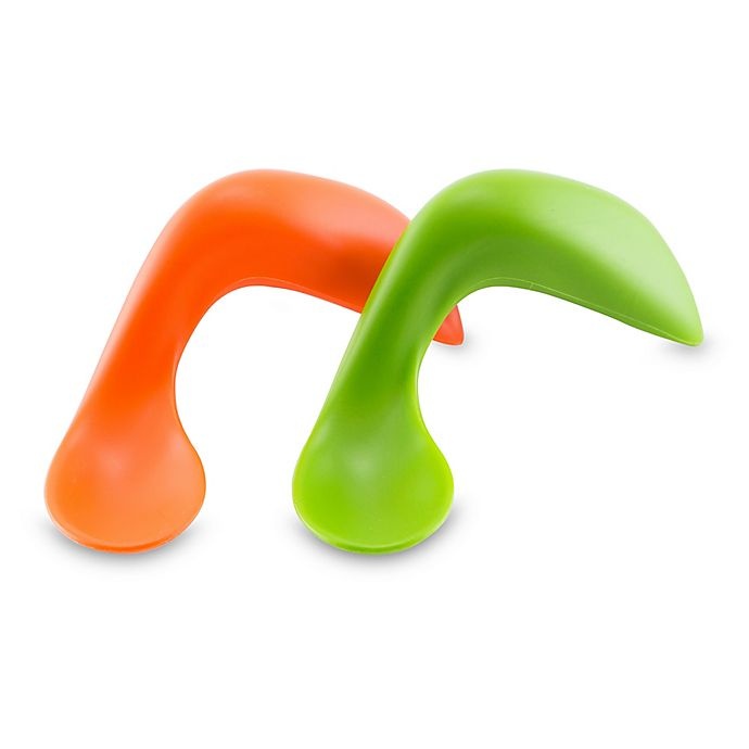 slide 1 of 5, Kizingo Right-Handed Toddler Spoons - Pea/Carrots, 2 ct