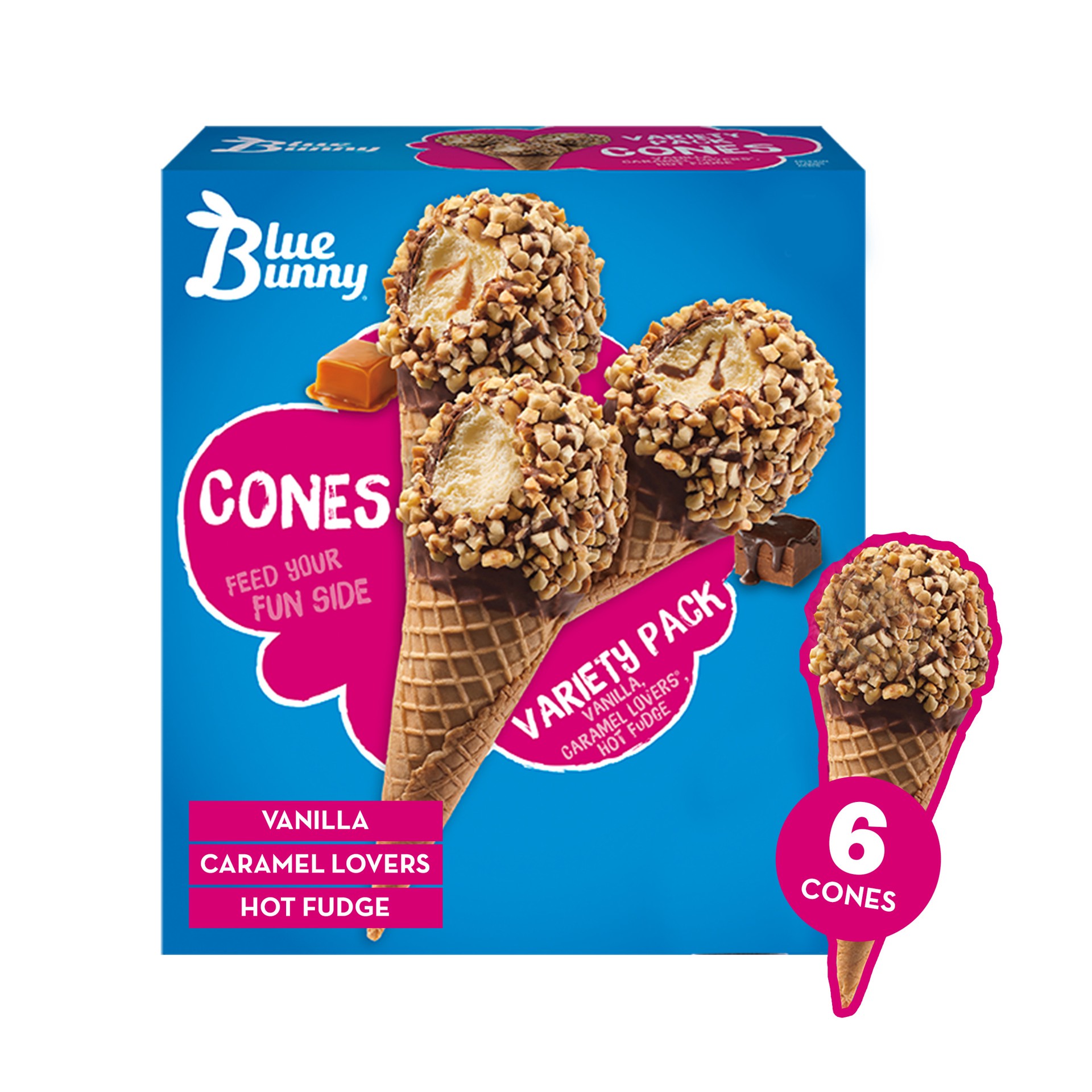 slide 1 of 4, Blue Bunny Variety Pack (Vanilla, Caramel Lovers, Hot Fudge) Cones, 27.60 fl oz