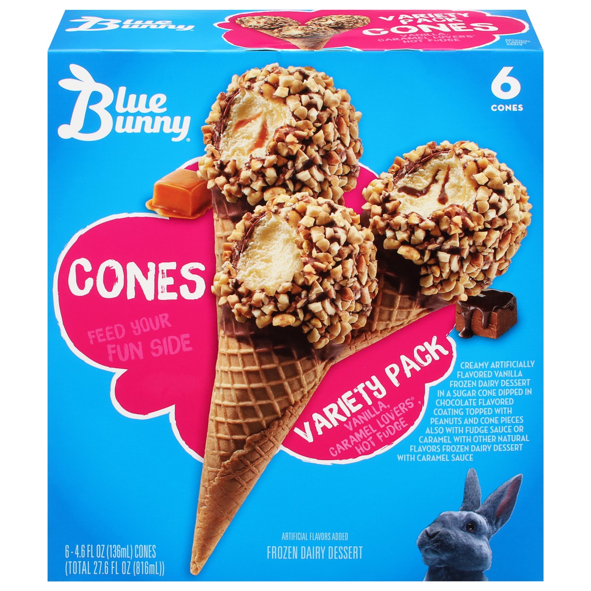 slide 1 of 4, Blue Bunny Variety Pack Vanilla, Caramel Lovers, Hot Fudge Ice Cream Cones 6 - 4.6 fl oz Cones, 6 ct