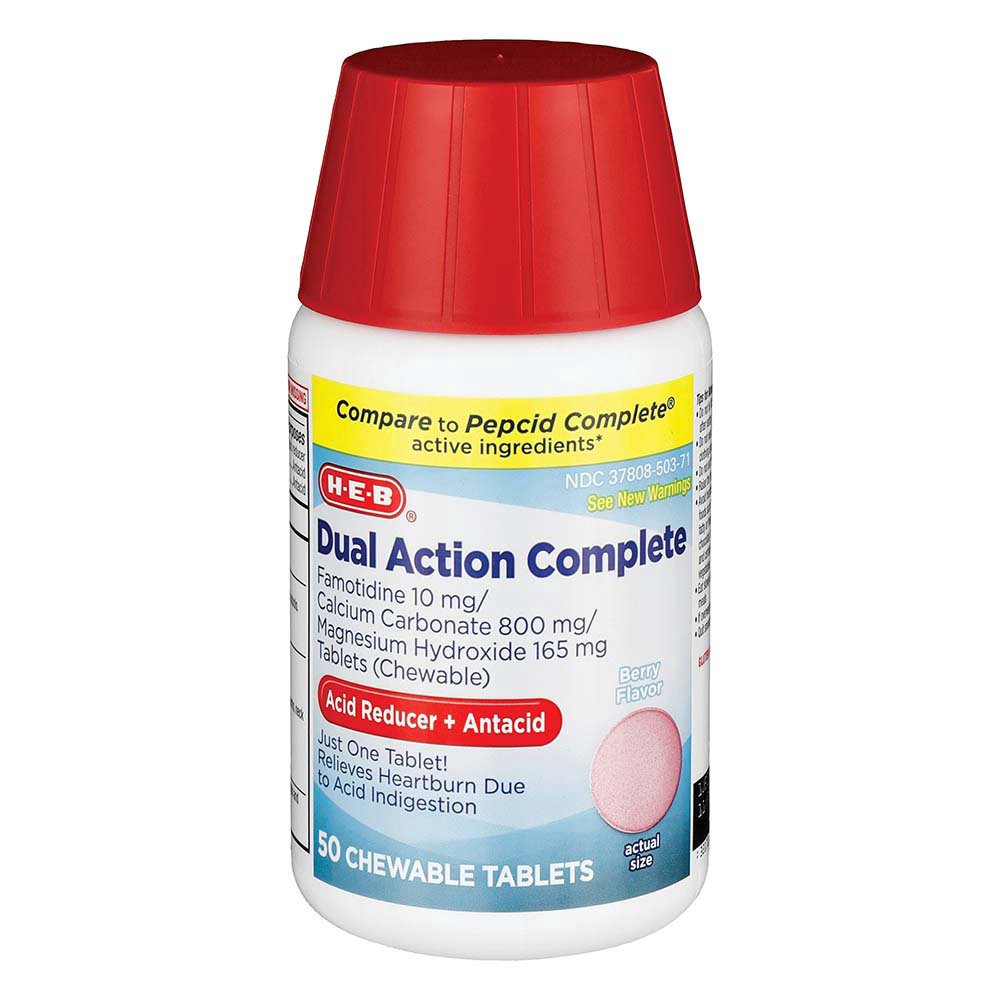 slide 1 of 1, H-E-B Dual Action Complete Famotidine 10 mg Acid Reducer + Antacid Tablets, 50 ct