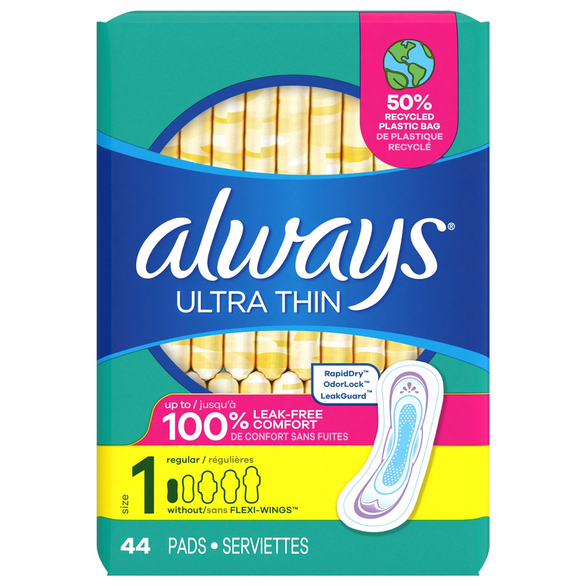 slide 1 of 5, Always Ultra Thin Feminine Pads without Wings for Women, Size 1, Regular Absorbency, Unscented, 44 Count, 44 ct