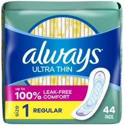 Always Ultra Thin Feminine Pads without Wings for Women, Size 1, Regular Absorbency, Unscented, 44 Count