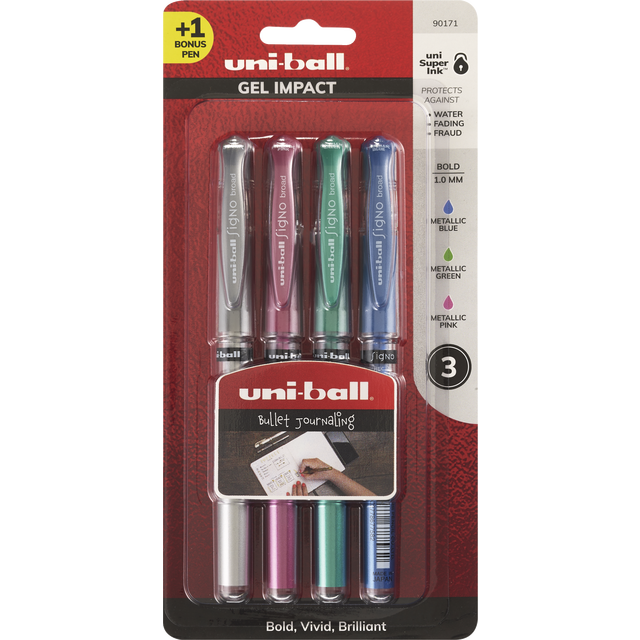 slide 1 of 1, Uni-Ball Gel Impact +1 Bonus Pens, 4 ct