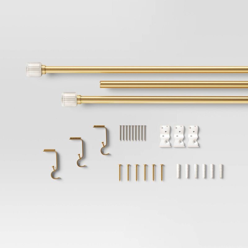 slide 3 of 3, 66"-120" Clear Ribbed Curtain Rod Brass - Threshold™: Gold Single Rod, Quick Mount, 0.875" Diameter, 3.78" Projection, 1 ct