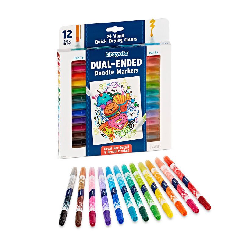 slide 2 of 6, Crayola 12ct Doodle & Draw Dual Ended Markers, 24 Colors, Brush & Chisel Tip, Teacher Essentials, Adult Coloring Supplies, Ages 3+, 12 ct