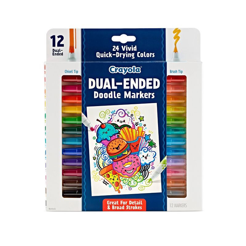 slide 1 of 6, Crayola 12ct Doodle & Draw Dual Ended Markers, 24 Colors, Brush & Chisel Tip, Teacher Essentials, Adult Coloring Supplies, Ages 3+, 12 ct