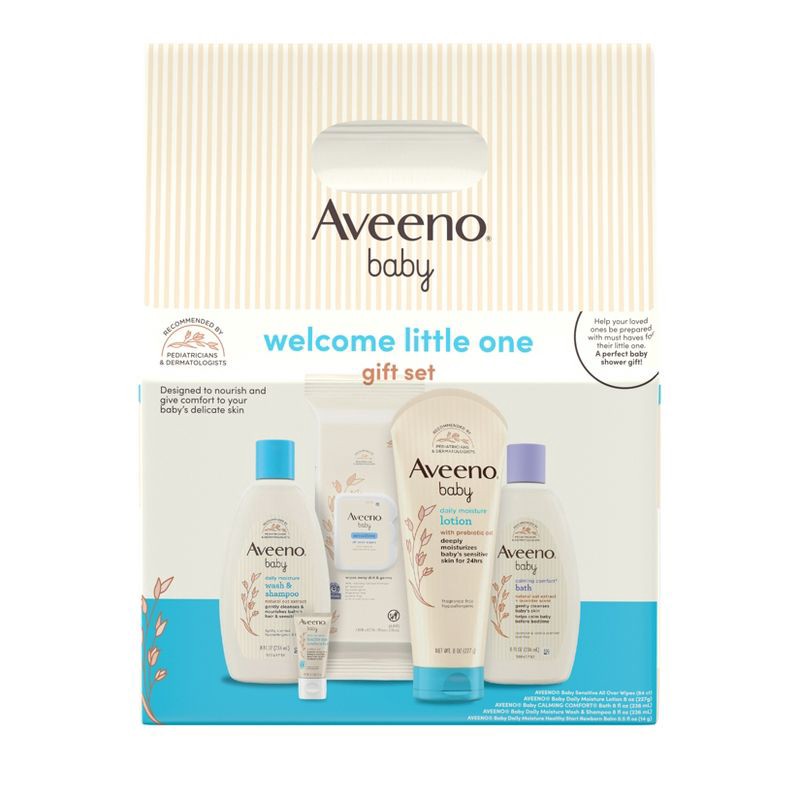 slide 2 of 8, Aveeno Baby Welcome Little One Essentials Skincare Gift Set Includes Wash, Lotion & Wipes - 5ct, 5 ct
