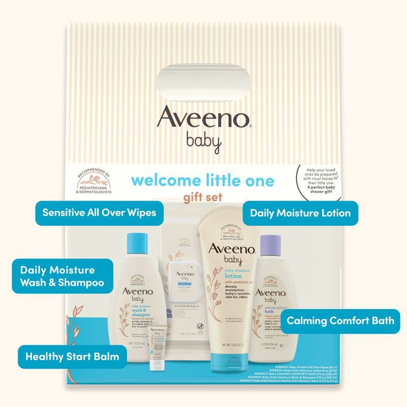 slide 4 of 8, Aveeno Baby Welcome Little One Essentials Skincare Gift Set Includes Wash, Lotion & Wipes - 5ct, 5 ct