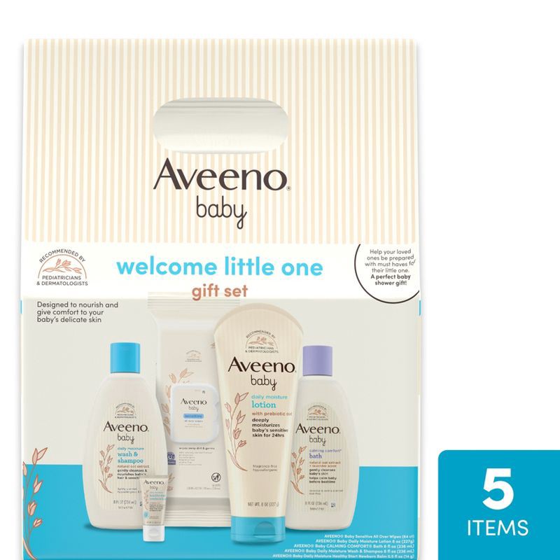 slide 1 of 8, Aveeno Baby Welcome Little One Essentials Skincare Gift Set Includes Wash, Lotion & Wipes - 5ct, 5 ct