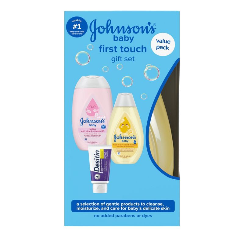 slide 4 of 7, Johnson's First Touch Baby Gift Set Includes Baby Bath Wash & Shampoo, Body Lotion, & Diaper Rash Cream - 3ct, 3 ct