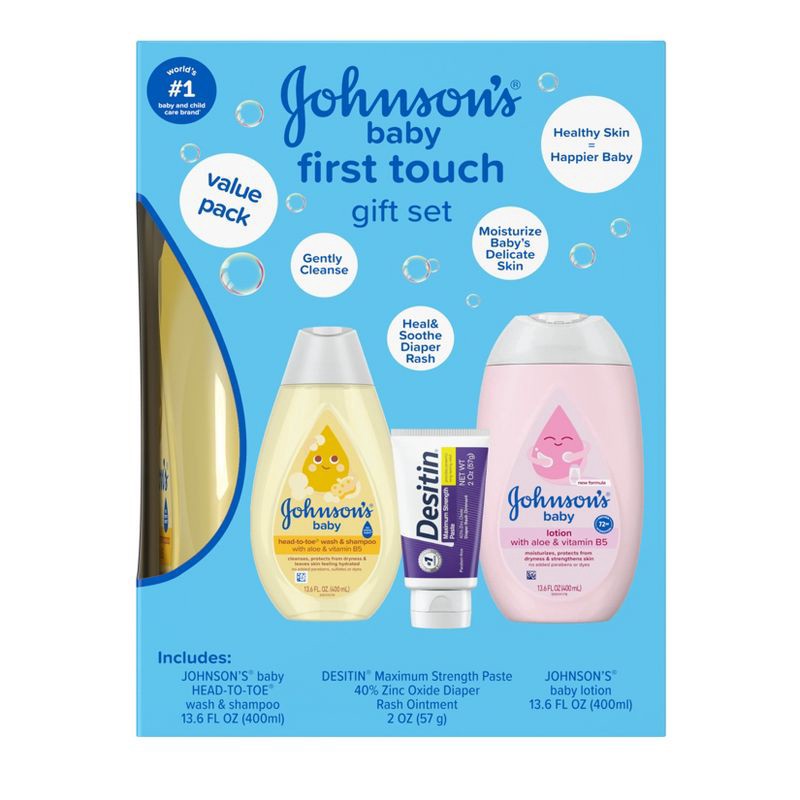 slide 1 of 7, Johnson's First Touch Baby Gift Set Includes Baby Bath Wash & Shampoo, Body Lotion, & Diaper Rash Cream - 3ct, 3 ct