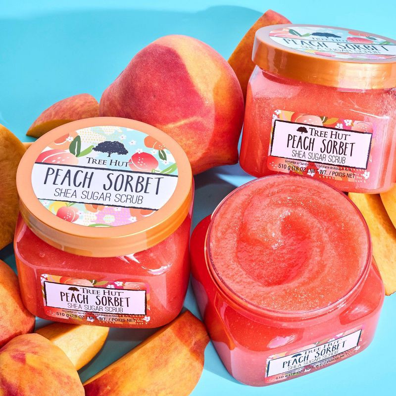 slide 3 of 8, Tree Hut Peach Sorbet Shea Sugar Grapefruit, Strawberry, Melon, Banana & Apricot Body Scrub - 18oz, 18 oz