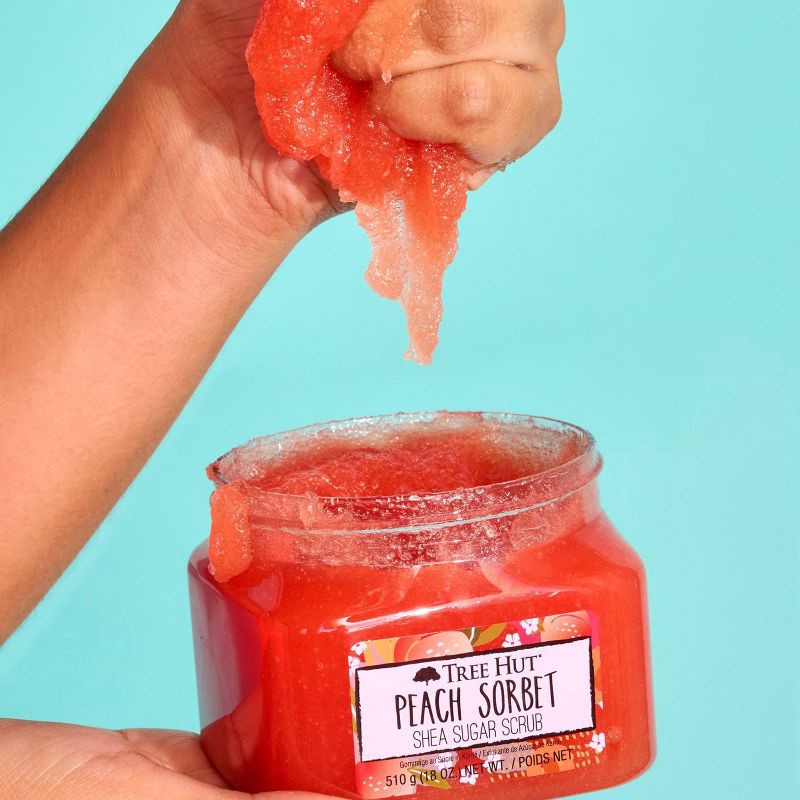 slide 5 of 8, Tree Hut Peach Sorbet Shea Sugar Grapefruit, Strawberry, Melon, Banana & Apricot Body Scrub - 18oz, 18 oz