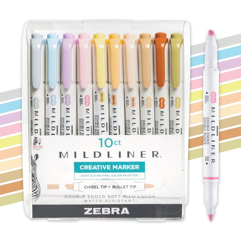 slide 1 of 9, Zebra 10ct Highlighters Mildliner Double Ended Gifting: Multicolored Art & Stationery Markers, 0.4mm Point, Ages 13+, Teacher Supplies, 10 ct