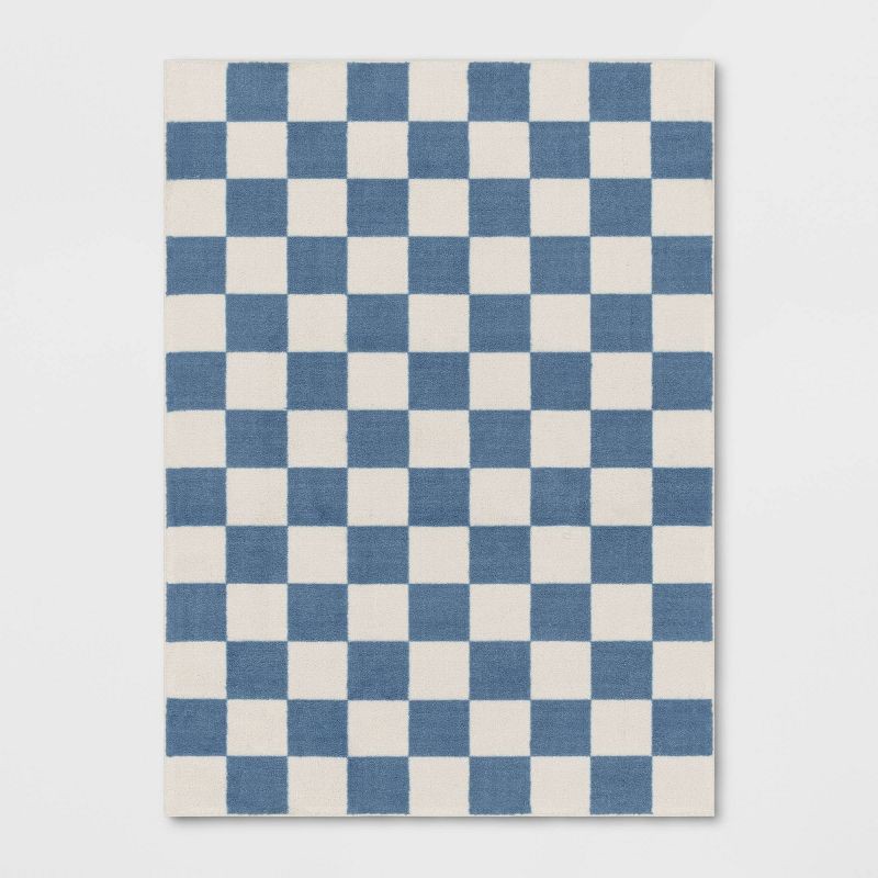 slide 1 of 4, 4'x5'5" Area Kids' Rug Checker Blue - Pillowfort™, 1 ct