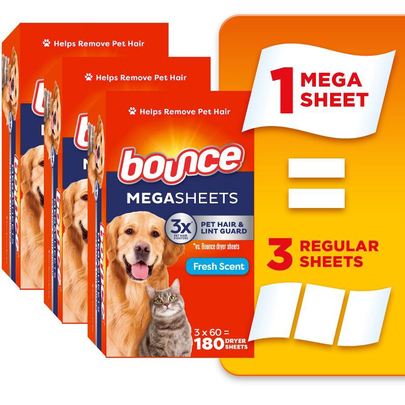 slide 1 of 8, Bounce Fresh Scent Pet Hair and Lint Guard Mega Fabric Softener Dryer Sheets - 180ct, 180 ct