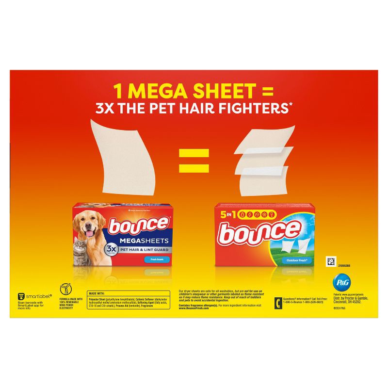 slide 8 of 8, Bounce Fresh Scent Pet Hair and Lint Guard Mega Fabric Softener Dryer Sheets - 180ct, 180 ct