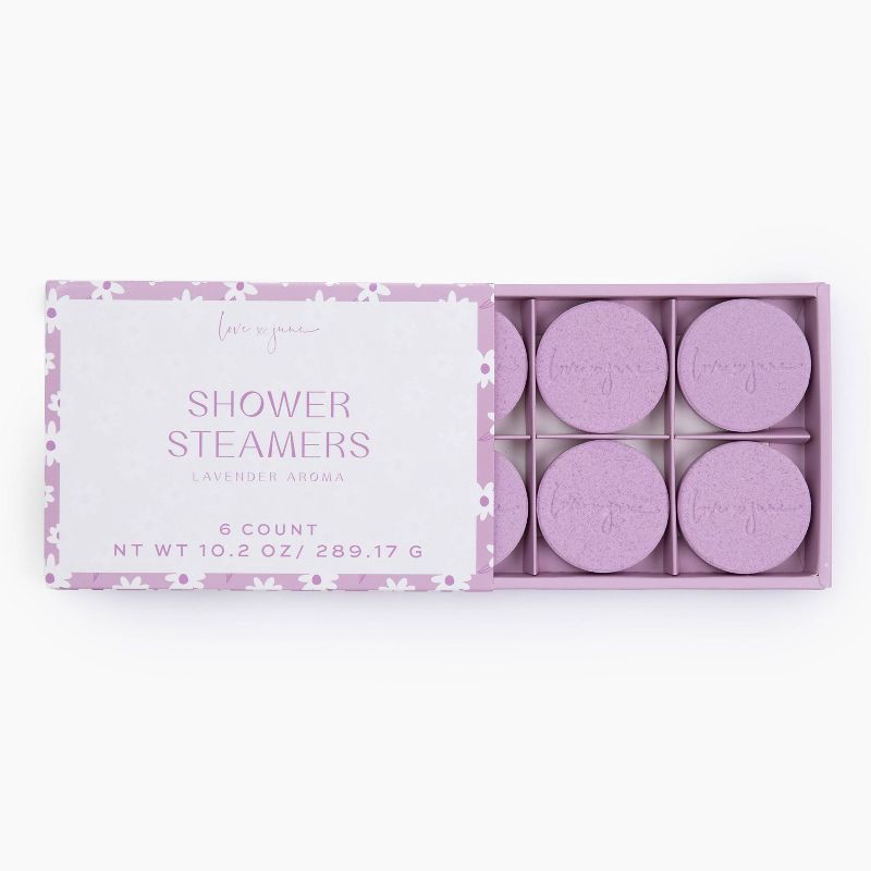 slide 2 of 4, Love x June 6ct/10.2oz Lavender Shower Steamers: Non-Toxic Vegan Bath Bombs, Alcohol-Free, Paraben-Free, Shower Bomb Tablets, 6 ct, 10.2 oz