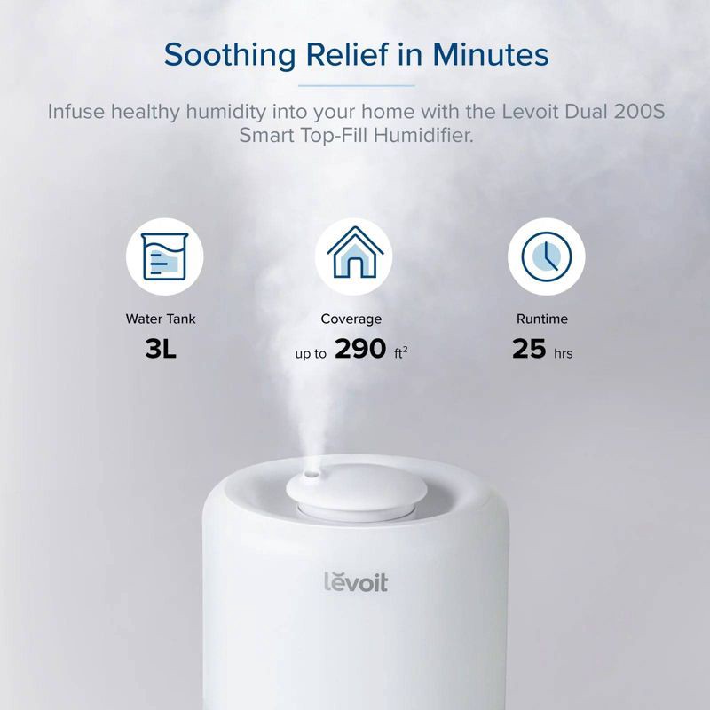 slide 12 of 15, Levoit 200S Dual Smart Top Fill Humidifier: Cool Mist, Ultrasonic, No Filter, 25 Hr Run, 100-300 sq. ft., Bedroom & Baby, 1 ct