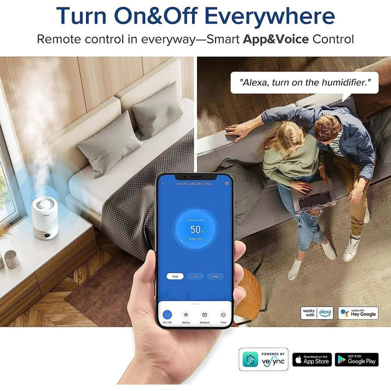 slide 13 of 15, Levoit 200S Dual Smart Top Fill Humidifier: Cool Mist, Ultrasonic, No Filter, 25 Hr Run, 100-300 sq. ft., Bedroom & Baby, 1 ct