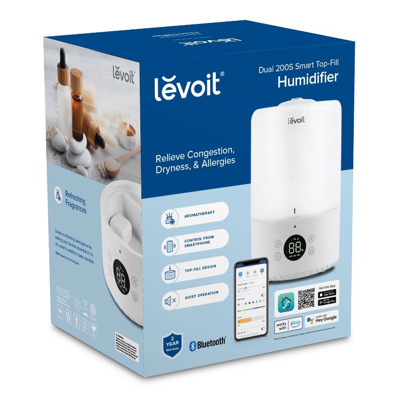 slide 5 of 15, Levoit 200S Dual Smart Top Fill Humidifier: Cool Mist, Ultrasonic, No Filter, 25 Hr Run, 100-300 sq. ft., Bedroom & Baby, 1 ct