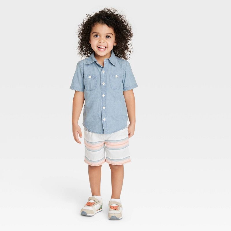 slide 3 of 3, OshKosh B'gosh Toddler Boys' Short Sleeve Woven Chambray Shirt - Light Blue Denim 12M: Button Down, 1 ct