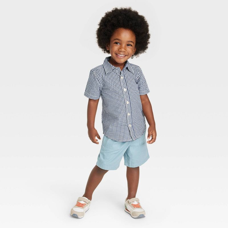 slide 3 of 3, OshKosh B'gosh Toddler Boys' Plaid Checkered Woven Short Sleeve Shirt - Navy Blue 5T, 1 ct