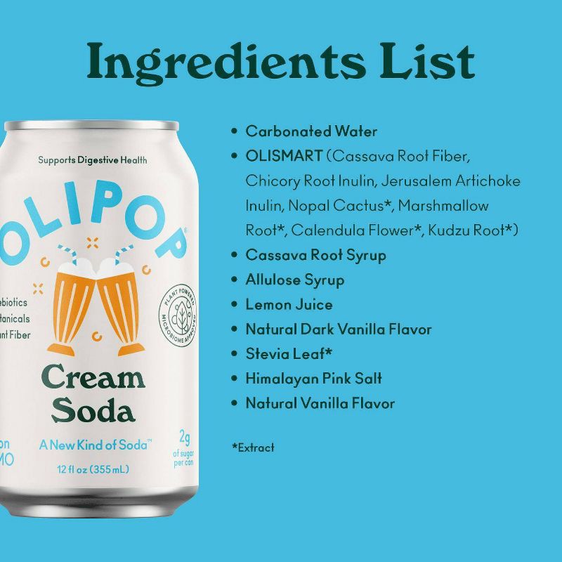 slide 4 of 8, OLIPOP Cream Soda Prebiotic Soda - 12 fl oz Can, 12 fl oz