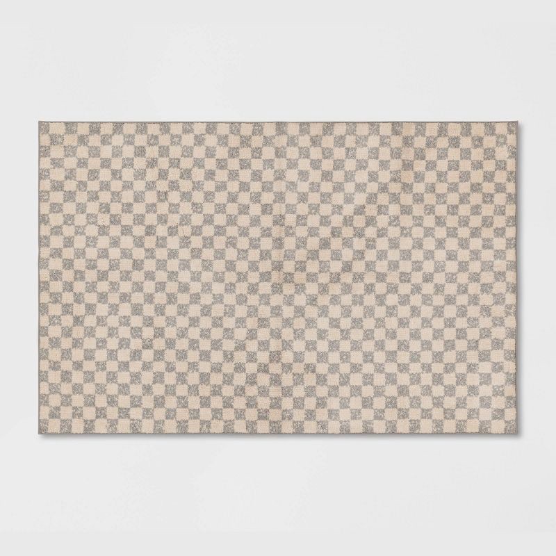 slide 1 of 4, 2'6"x4' Washable Checkerboard Plush Accent Rug - Threshold™: Indoor Gray Medium Pile, Skid-Resistant, OEKO-TEX Certified, 1 ct