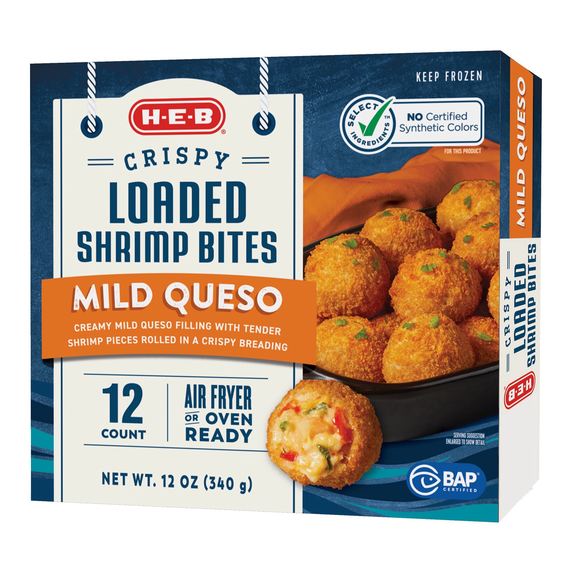 slide 1 of 1, H-E-B Frozen Mild Queso Crispy Loaded Shrimp Bites, 12 oz