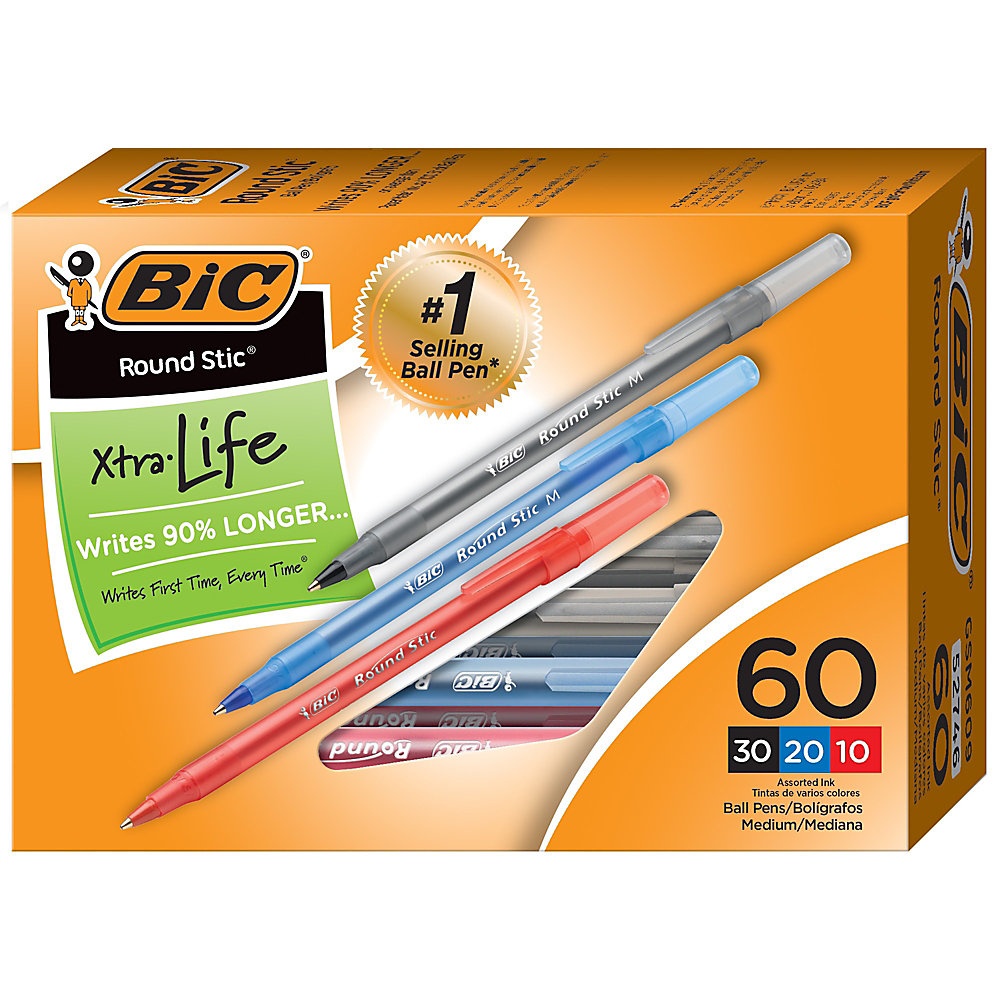 slide 1 of 1, BIC Round Stic Xtra Life Ballpoint Pens, Medium Point, Assorted Colors, Pack Of 60 Pens, 60 ct