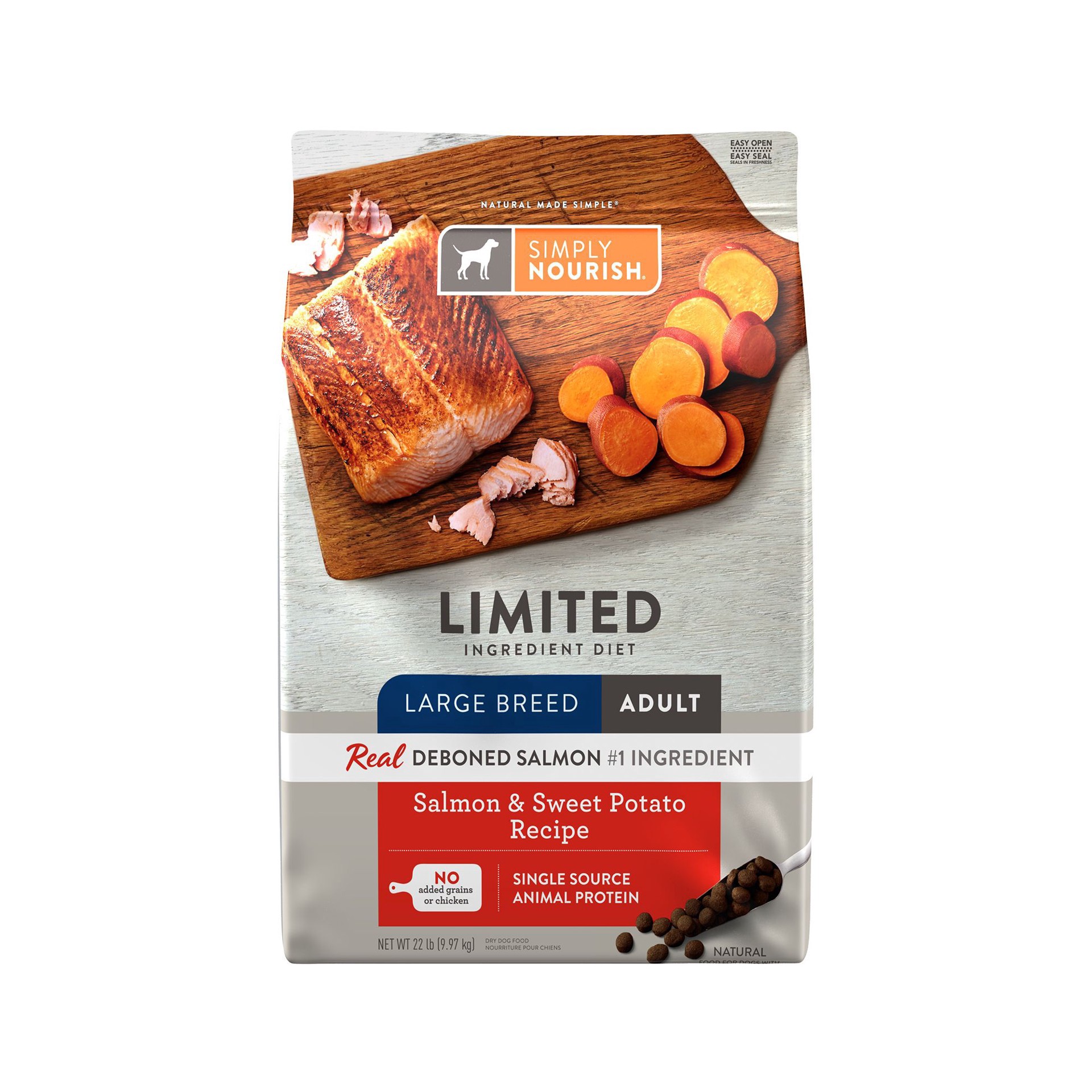 slide 1 of 1, Simply Nourish Large Breed Adult Dog Food - Salmon & Sweet Potato Recipe, 22 lb