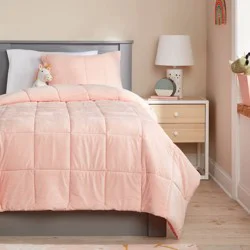 Full/Queen Kids' Comforter Set Windowpane Velvet Pink - Pillowfort™: Polyester Bedding, Box Quilting, OEKO-TEX Certified