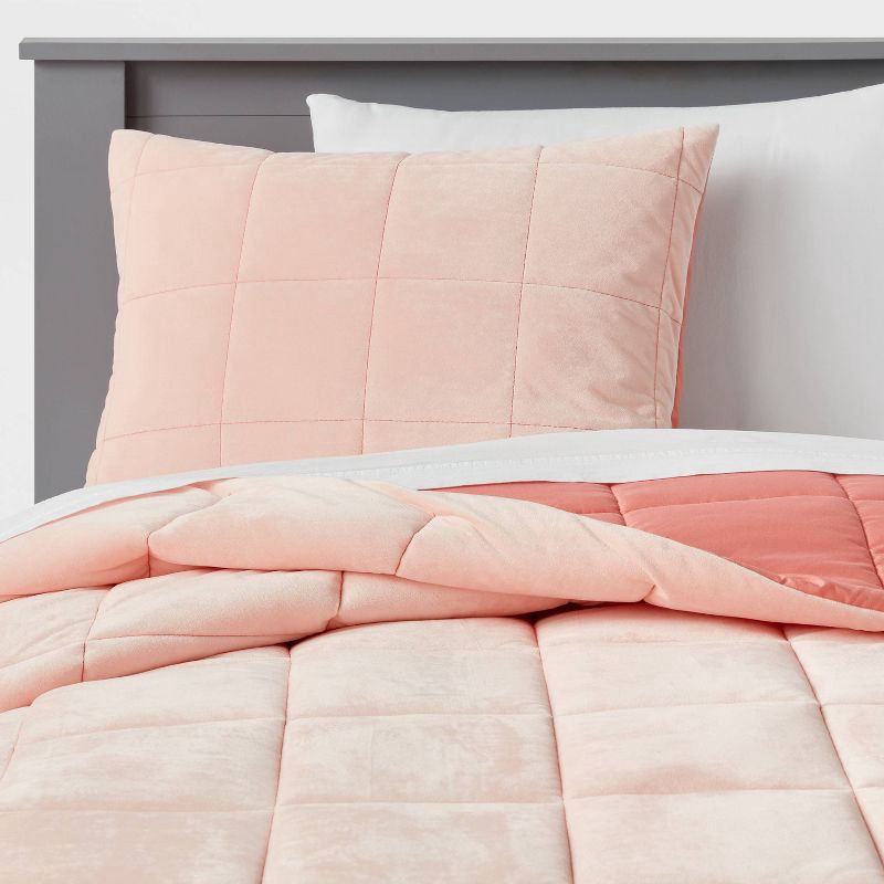 slide 2 of 3, Twin Kids' Comforter Set Windowpane Velvet Pink - Pillowfort™: Twin Bedding, OEKO-TEX Certified, Box Quilting, 1 ct