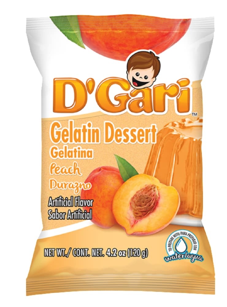 slide 1 of 1, D'Gari Peach Gelatin Dessert Water Mix, 4.2 oz