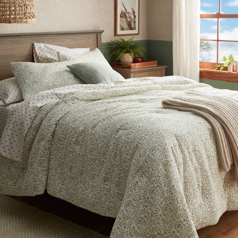 slide 2 of 4, Full/Queen Traditional Vine Printed Cotton Comforter & Sham Set Green - Threshold™: Dobby Weave, Botanical Pattern, OEKO-TEX Certified, 1 ct