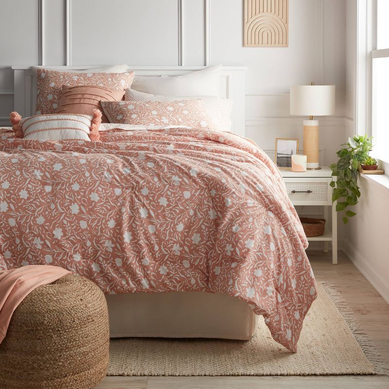 slide 2 of 10, 12pc King Floral Boho Comforter & Sheets Set Terracotta Pink - Threshold™: Polyester, Woven, Quilted Design, 180 Thread Count, 1 lb