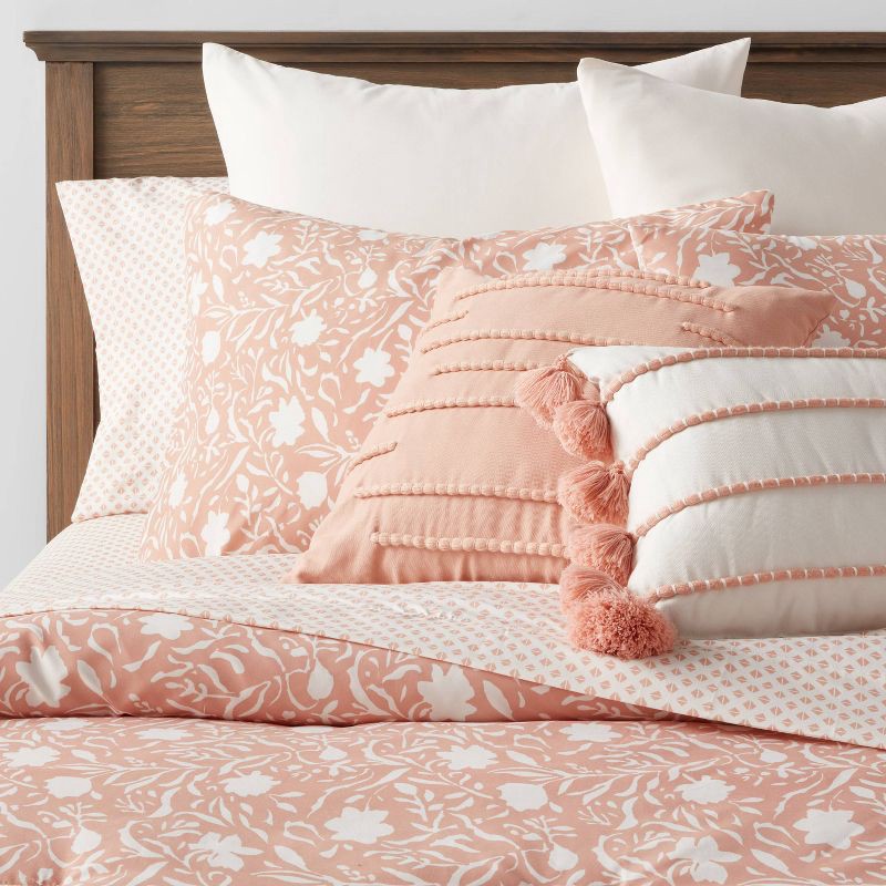 slide 1 of 10, 12pc Queen Floral Boho Comforter & Sheets Set Terracotta Pink - Threshold™: Woven Polyester, Botanical Pattern, 180 Thread Count, 1 lb