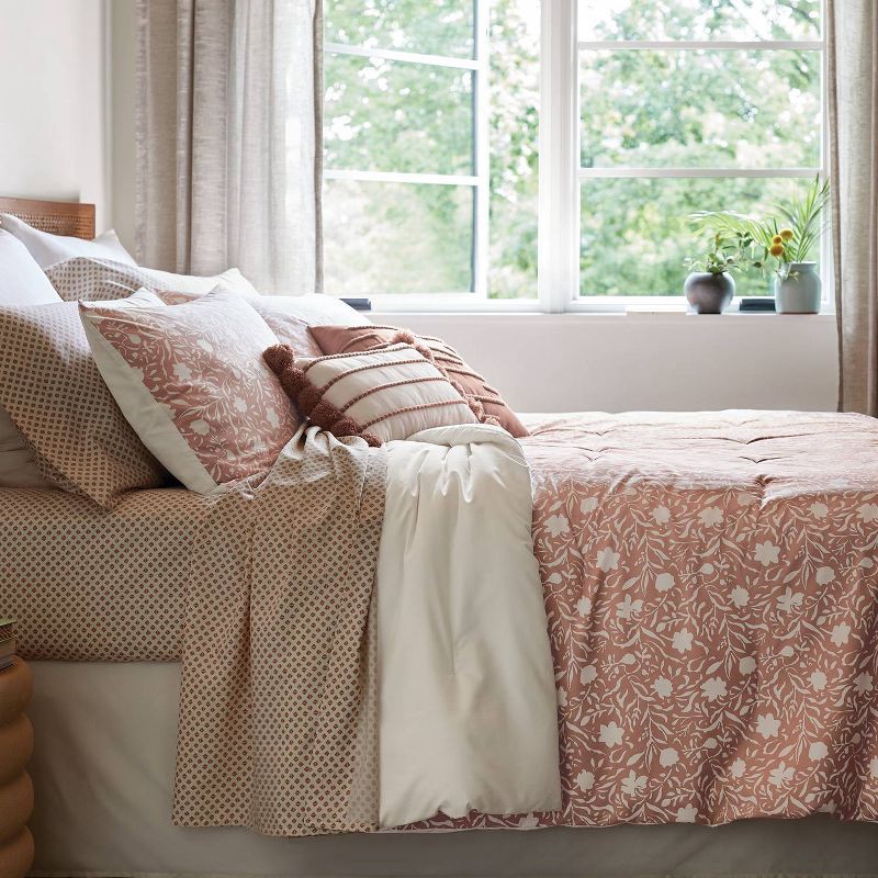 slide 10 of 10, 12pc Queen Floral Boho Comforter & Sheets Set Terracotta Pink - Threshold™: Woven Polyester, Botanical Pattern, 180 Thread Count, 1 lb