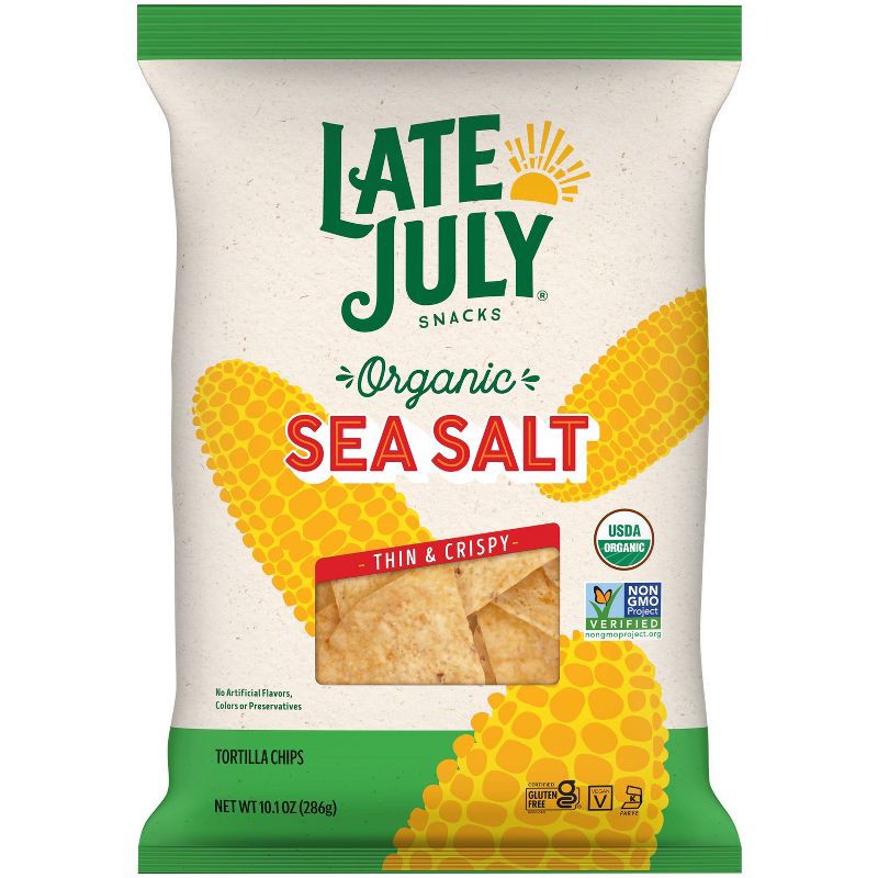 slide 1 of 10, Late July Snacks Thin and Crispy Organic Tortilla Chips with Sea Salt - 10.1oz: Certified Gluten-Free, Vegan, No Added Sugar, 10.1 oz