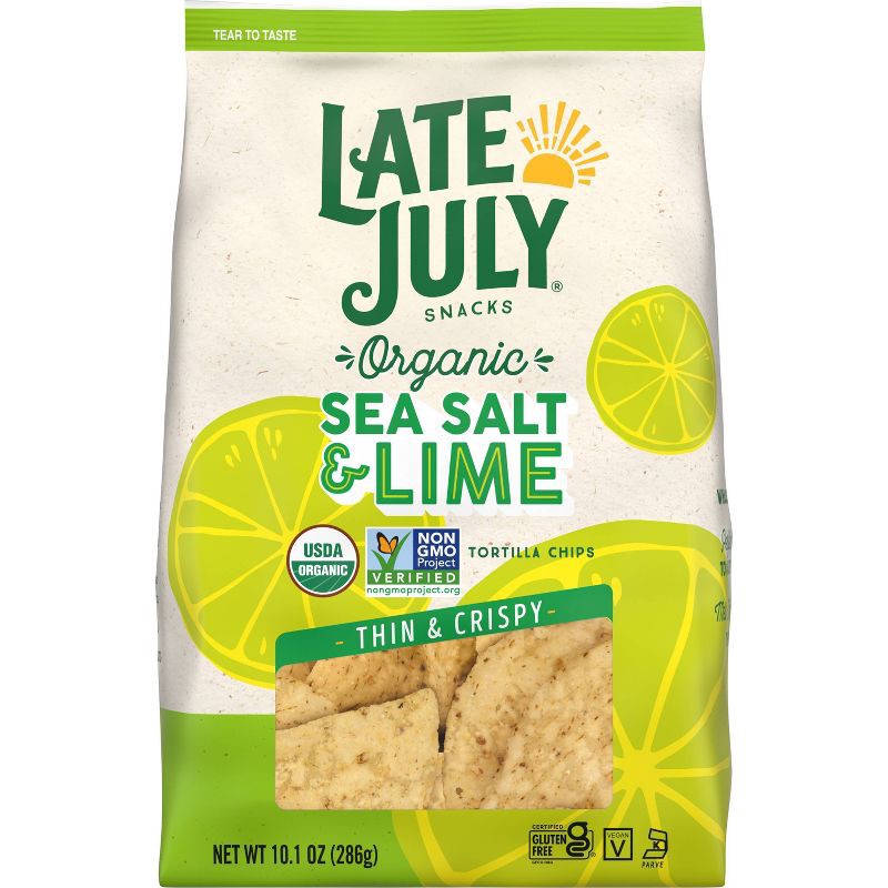slide 1 of 8, Late July Snacks Thin and Crispy Organic Tortilla Chips with Sea Salt and Lime - 10.1oz, 10.1 oz