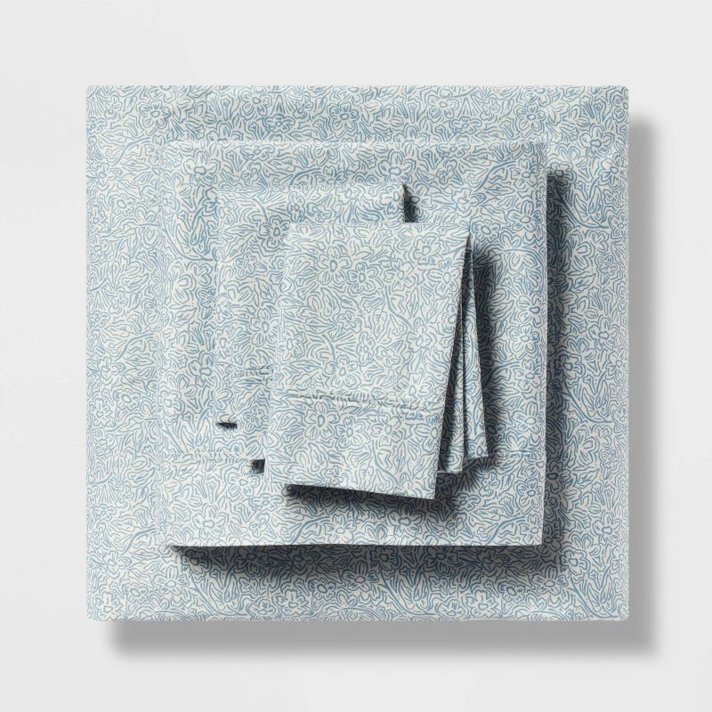 slide 1 of 4, Full Printed Performance 400 Thread Count Sheet Set Blue Floral - Threshold™: Cotton Sateen, Includes 4 Pieces, Fits 18" Mattress, 4 ct