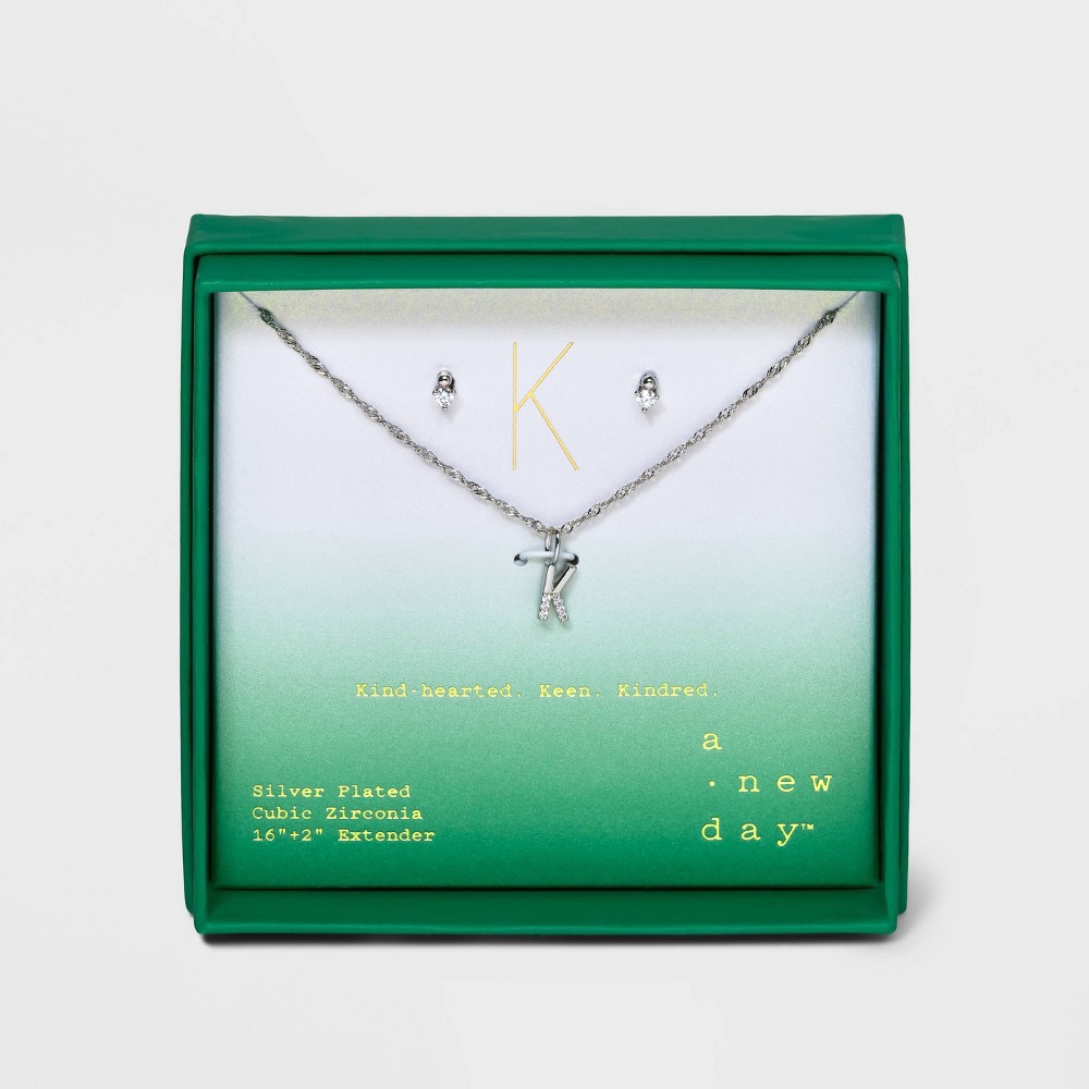 slide 4 of 5, Silver Plated Cubic Zirconia 'K' Initial Earring and Pendant Necklace Set - A New Day Silver, 1 ct
