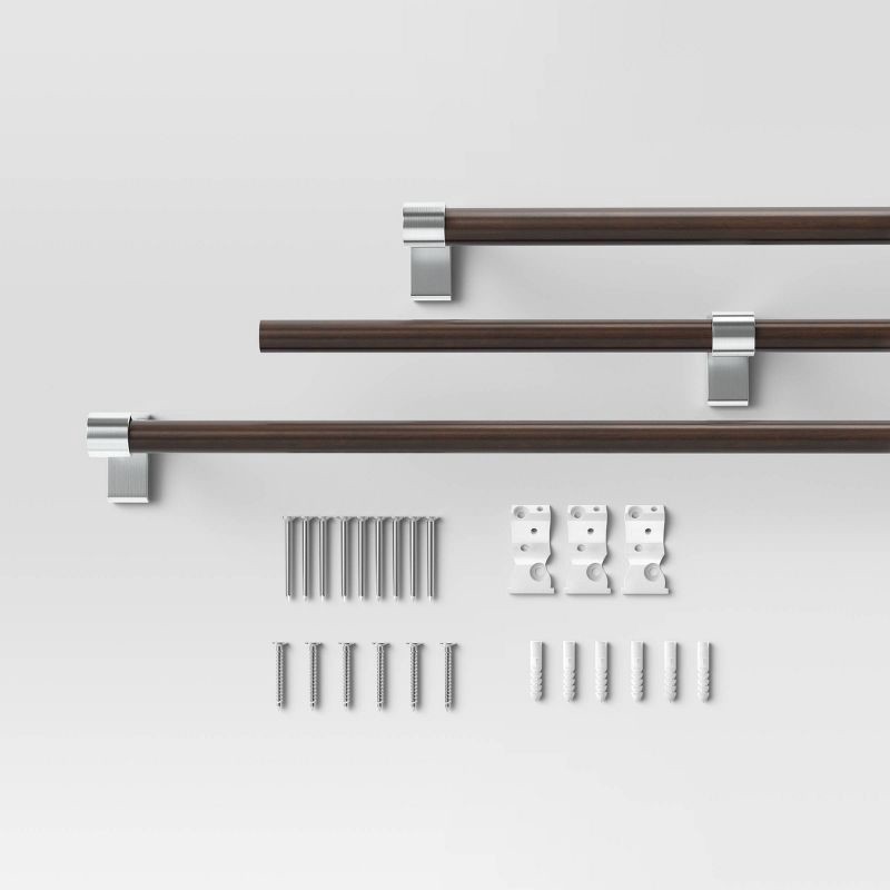 slide 3 of 3, 66"-120" Dark Faux Wood Curtain Rod Nickel - Threshold™: Single Steel Rod, Quick Mount, 0.875" Diameter, 1 ct