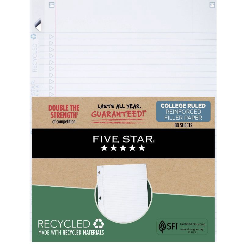 slide 7 of 7, Five Star 80ct College Ruled Loose Leaf Filler Paper Recycled Reinforced: 8.5x11", 100% Recycled, White, Stationery, 80 ct
