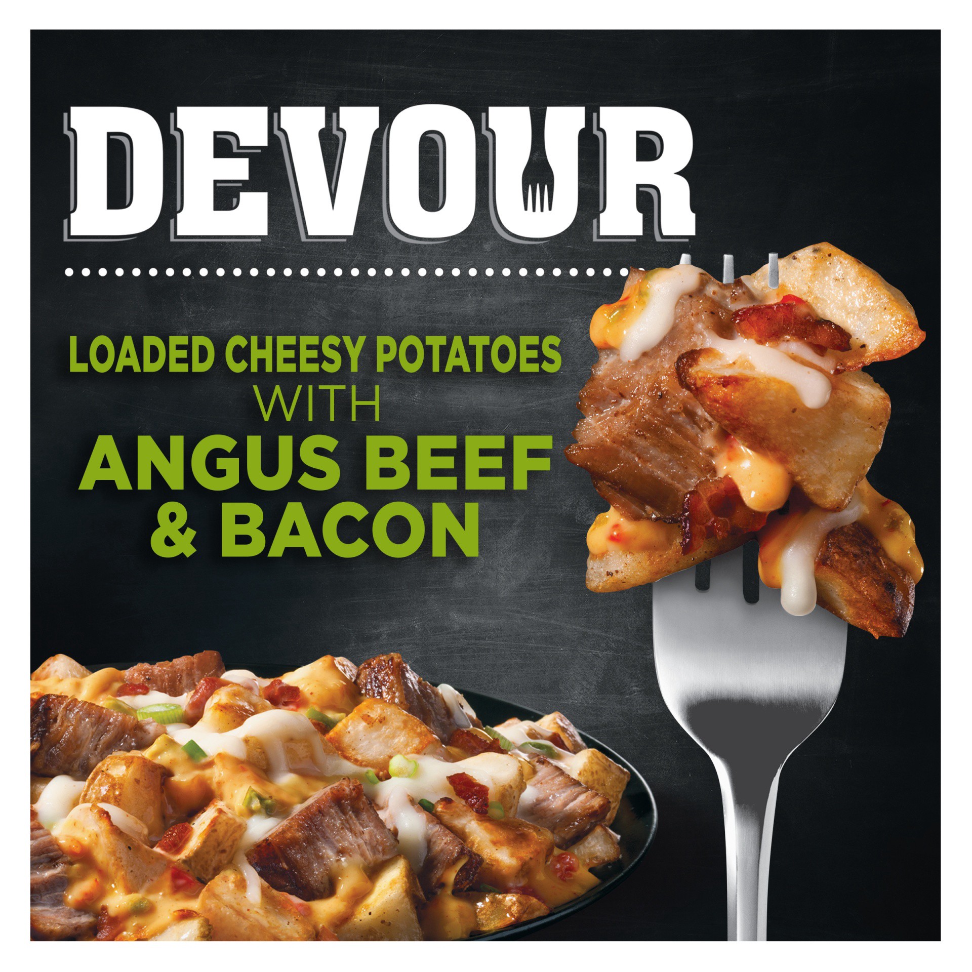slide 1 of 10, DEVOUR Loaded Cheesy Potatoes with Angus Beef & Smoked Bacon Frozen Meal, 9 oz Box, 9 oz
