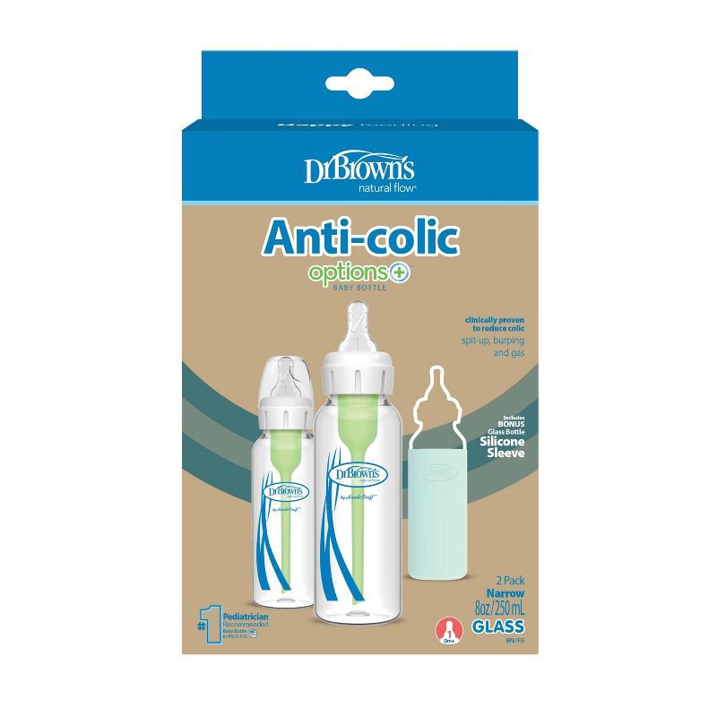 slide 2 of 18, Dr. Brown's 8oz Anti-Colic Options+ Narrow Glass Baby Bottle with Level 1 Slow Flow Nipple & Silicone Sleeve - 2pk, 2 ct; 8 oz