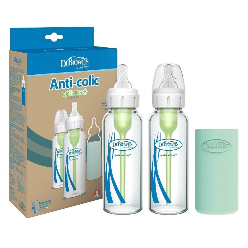 slide 13 of 18, Dr. Brown's 8oz Anti-Colic Options+ Narrow Glass Baby Bottle with Level 1 Slow Flow Nipple & Silicone Sleeve - 2pk, 2 ct; 8 oz