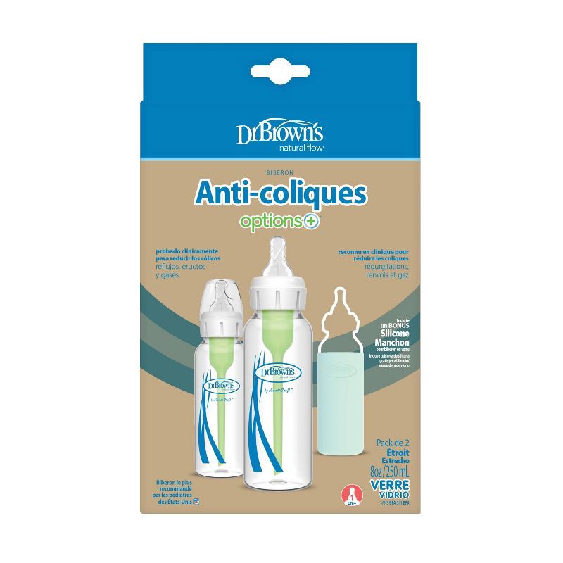 slide 18 of 18, Dr. Brown's 8oz Anti-Colic Options+ Narrow Glass Baby Bottle with Level 1 Slow Flow Nipple & Silicone Sleeve - 2pk, 2 ct; 8 oz